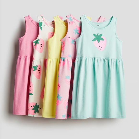 H&M Kids 5-Pack 100% Cotton Jersey Strawberry Print Colorful Summer Dresses 5T/6 - Picture 1 of 6